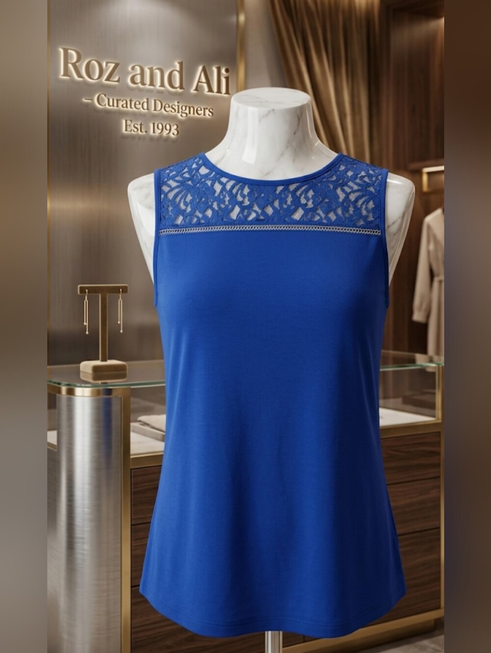 Royal Sapphire Lace Accent Sleeveless Blouse | Elegant Boutique Chic Top